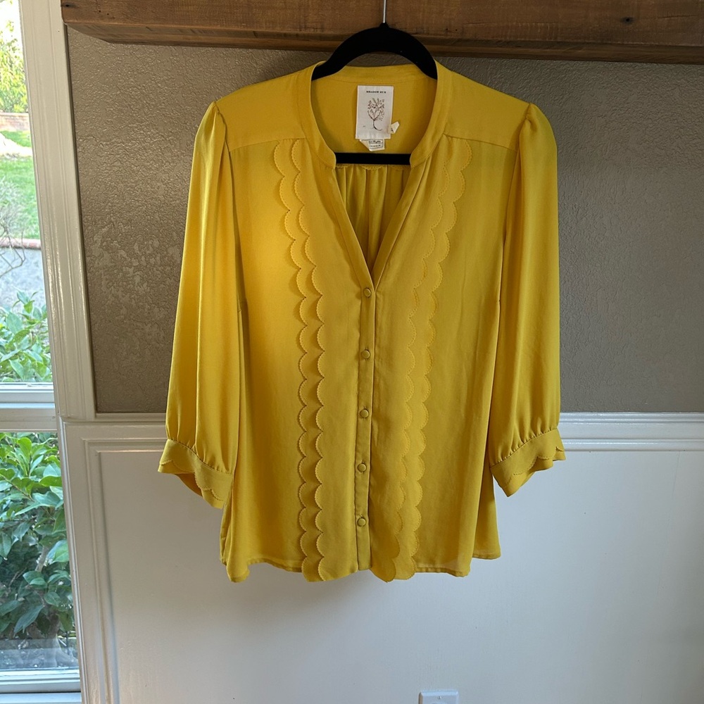 Anthropologie Meadow Rue Yellow Scalloped Blouse - Picture 8 of 9